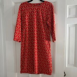 Red Patterned Midi Dress with Gold Motif - Women's Classic Shift